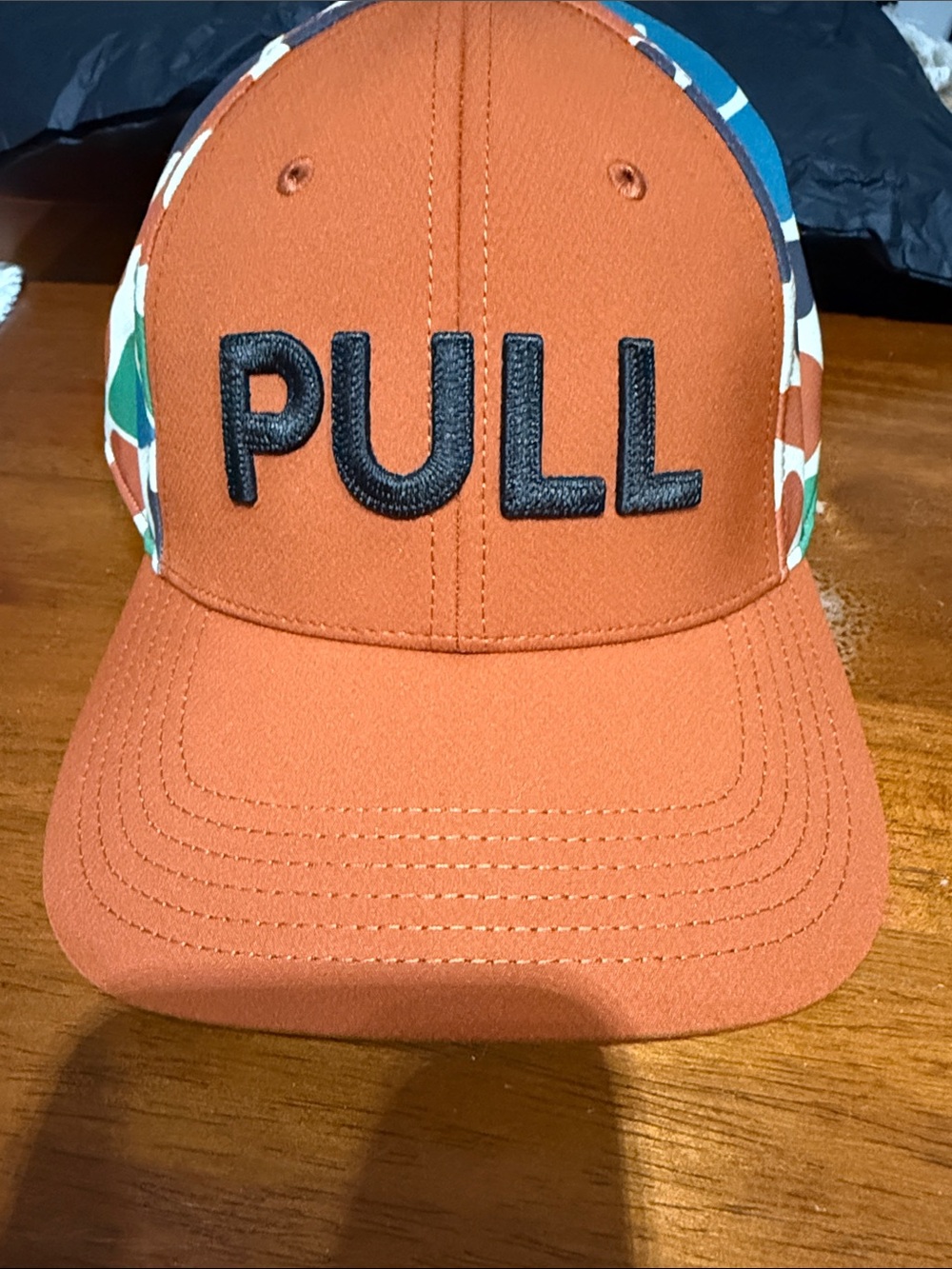 Men's Rust Orange 'PULL' Embroidered Camo Trucker Cap